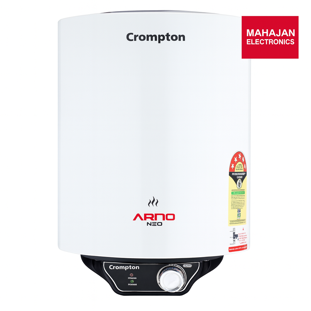 Crompton Arno Neo water heater with Mahajan Electronics logo on a white background