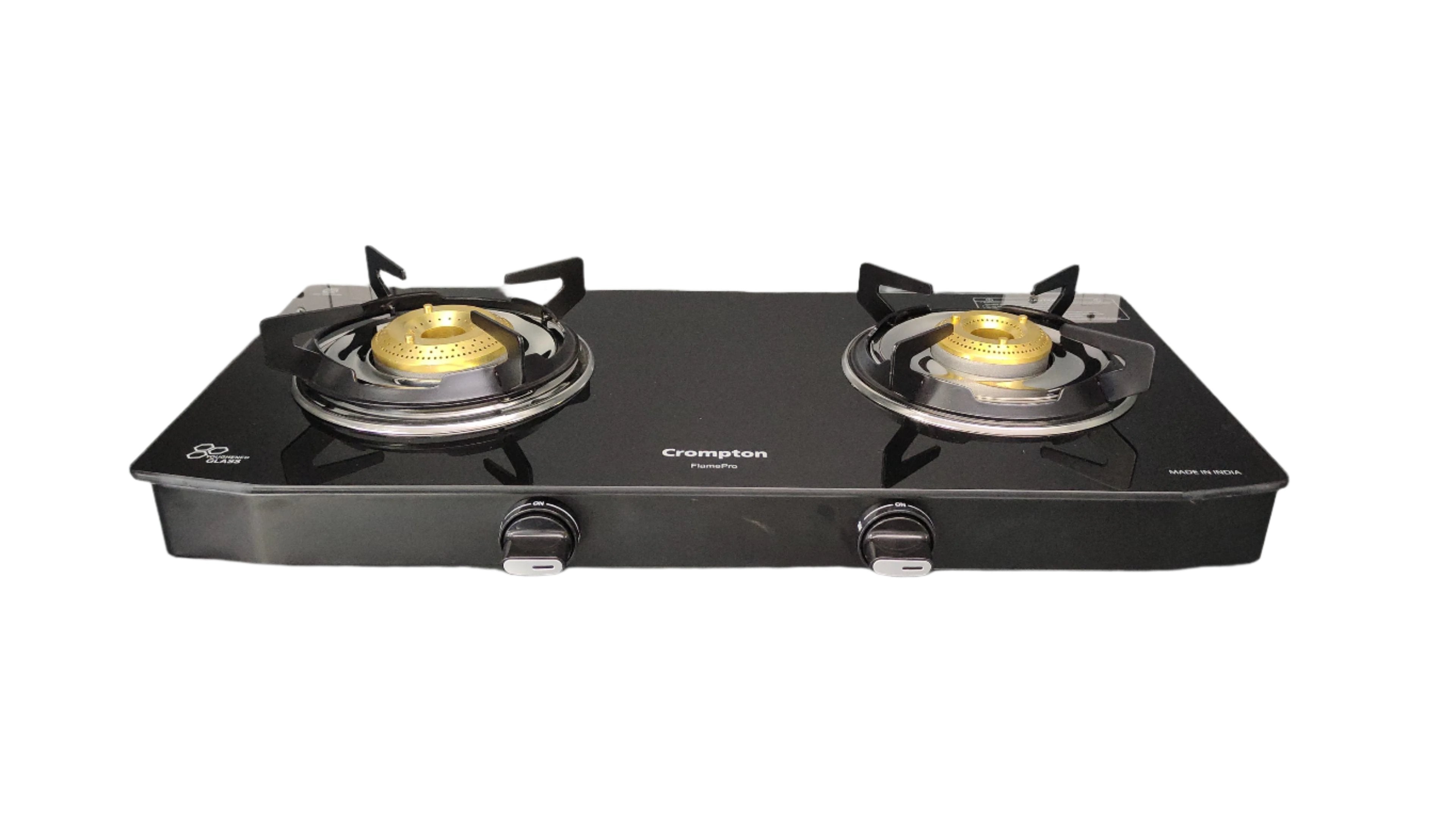 Crompton CKT-FPR652-MSB 2 Burner Gas Stove – Wide Body Glass Top | Auto Ignition | Brass Burners | Black Finish
