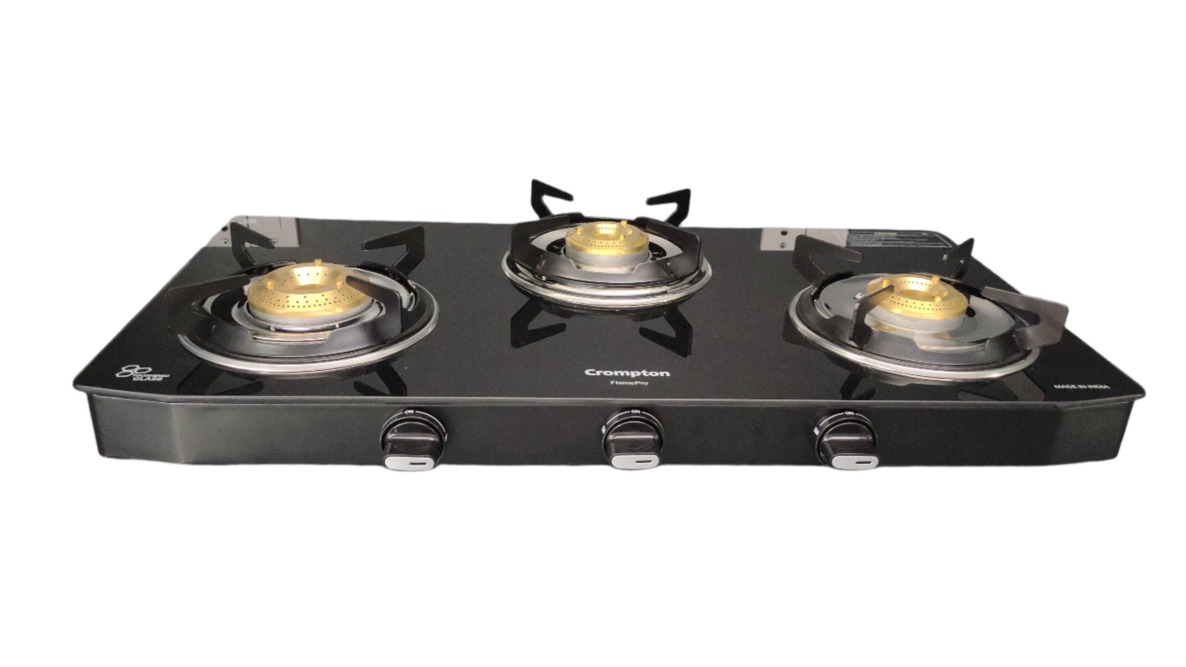 Crompton CKT-FPR753-MSB 3 Burner Auto Ignition Glass Top Gas Stove with Jumbo Brass Burner, Dual Drip Trays & Wide Body Design – Black