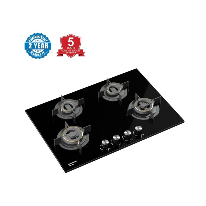 Crompton HOB-VNDC824-MBL 78 cm 4 Burner 4 Burners Built-in Gas Hob With High Efficiency Brass Burners, Auto-Ignition and 8 MM Toughened Glass Mahajan Electronics Online