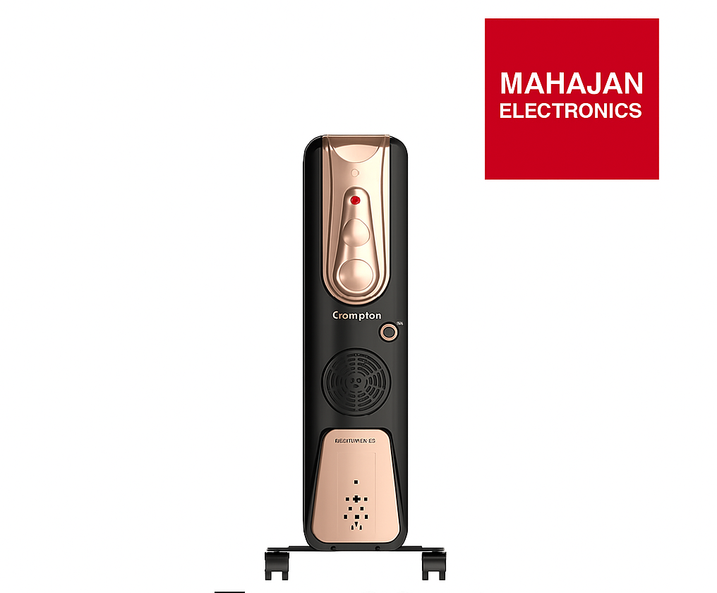 Electronic device with 'Crompton' branding on a white background, featuring the Mahajan Electronics logo.