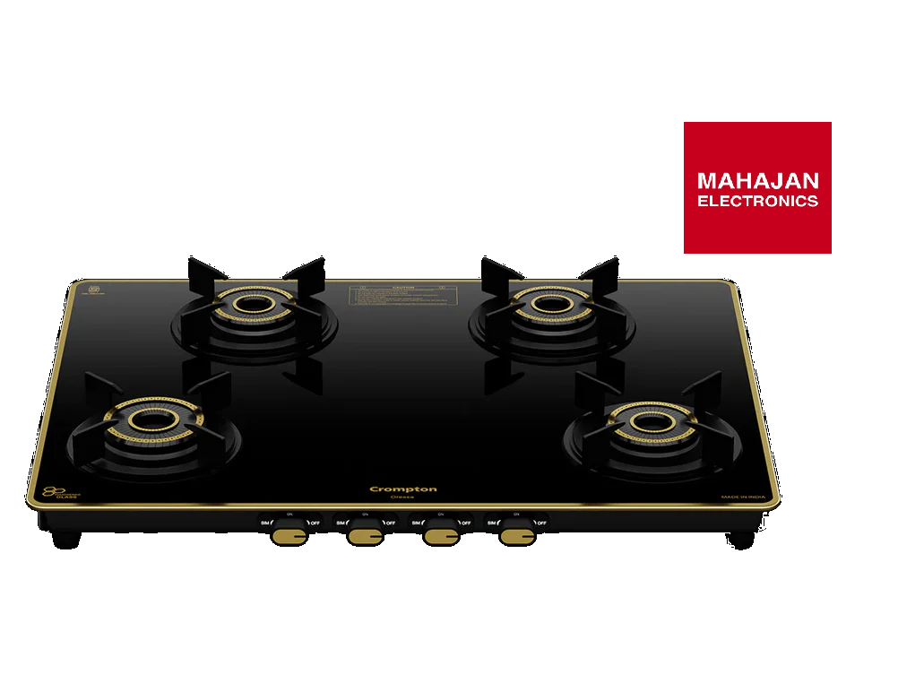 Crompton Oressa CKT-ORR704-MSB 4 Burner 70 cm Slim Glass Cooktop | Toughened Glass | Brass Burners | MaxSpace Cookzone | Hybrid Hob–Cooktop Design | Black