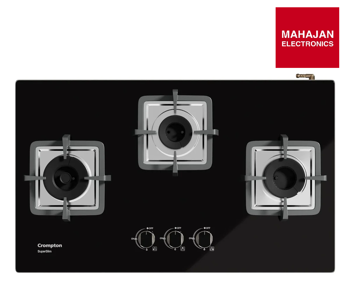 Crompton SuperSlim Matt 78 cm 3 Burner Hob | Auto Ignition | Brass Burners | Toughened Glass | Mahajan Electronics Delhi NCR