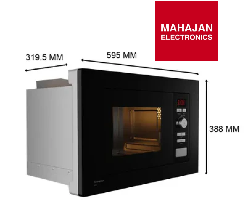 Black microwave oven with dimensions labeled and Mahajan Electronics logo.