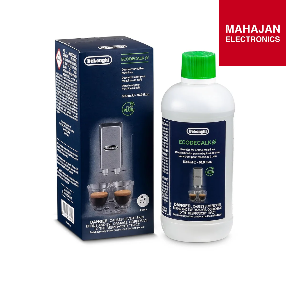 De'Longhi EcoDecalk product packaging and bottle with Mahajan Electronics branding.