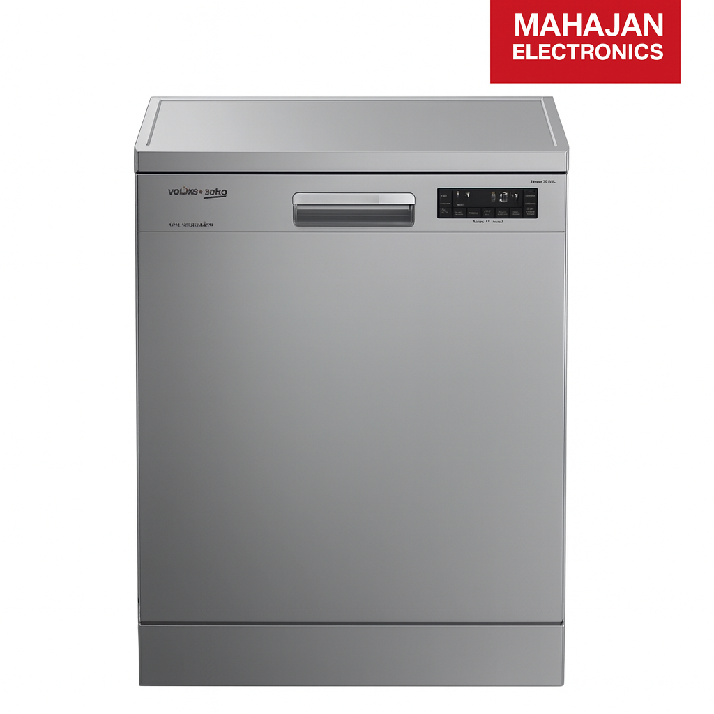 Silver dishwasher with Mahajan Electronics logo on a white background