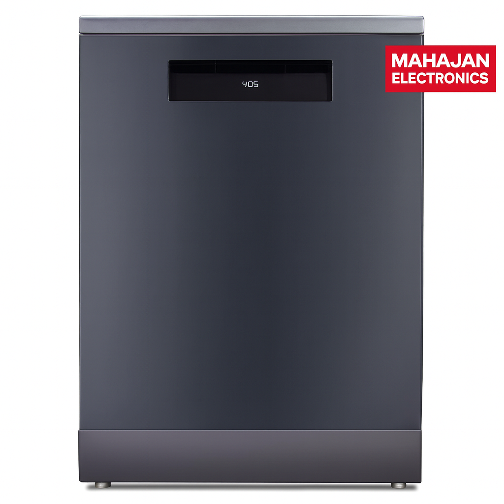 Black refrigerator with Mahajan Electronics logo on a white background