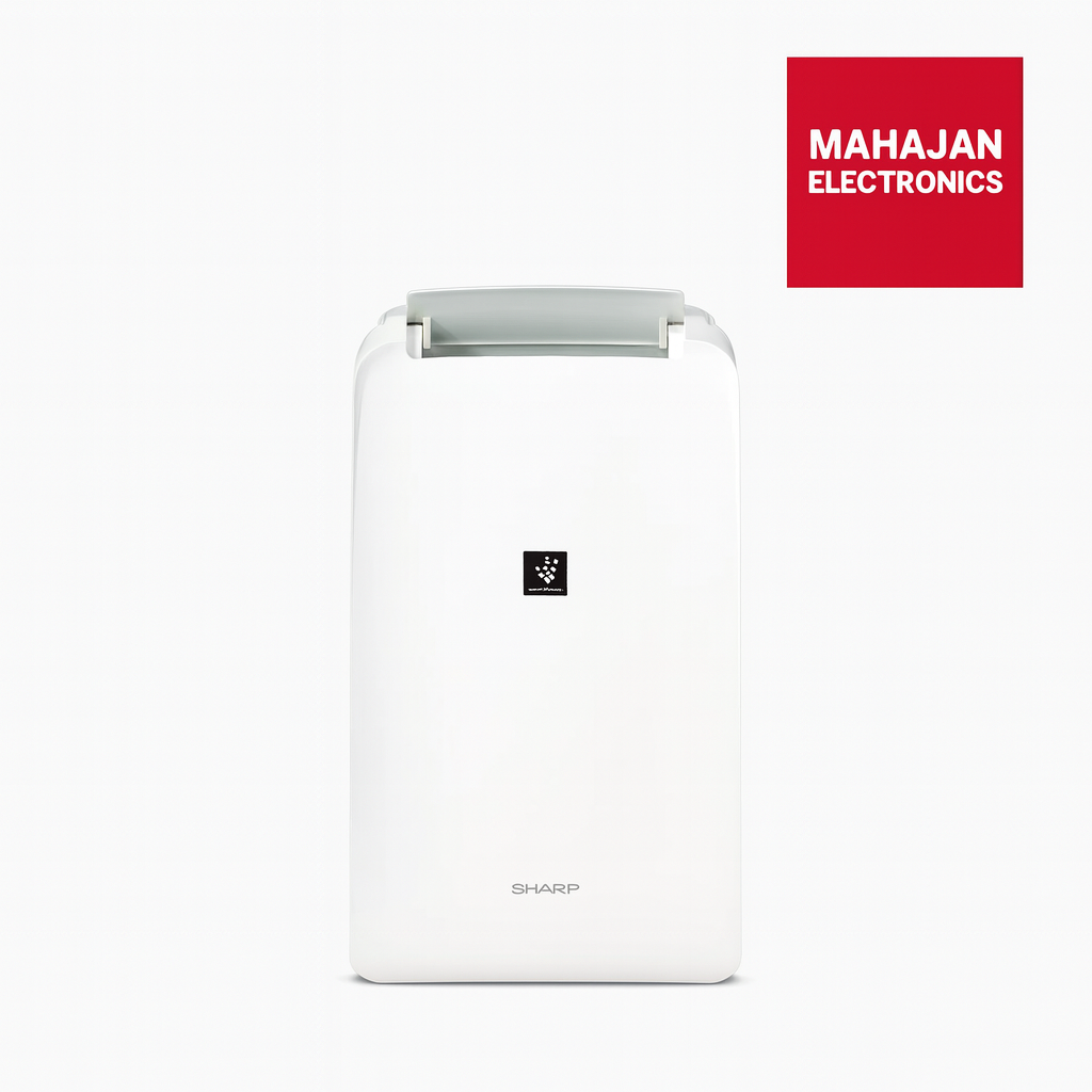 White Sharp air purifier with Mahajan Electronics logo on a white background