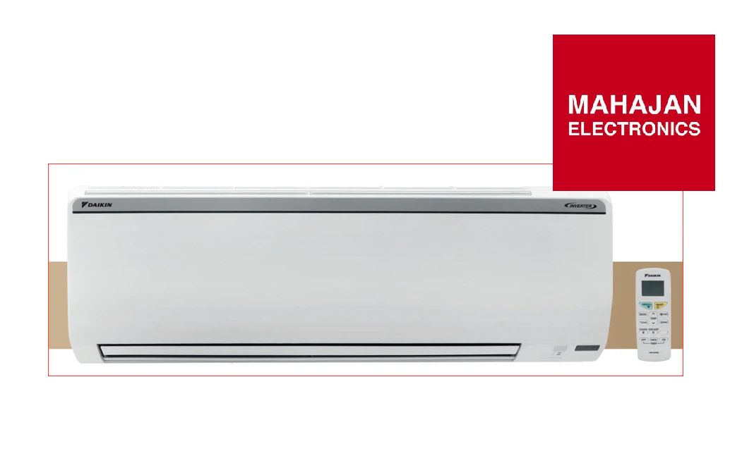 White air conditioner with remote control on a white background, featuring the Mahajan Electronics logo.