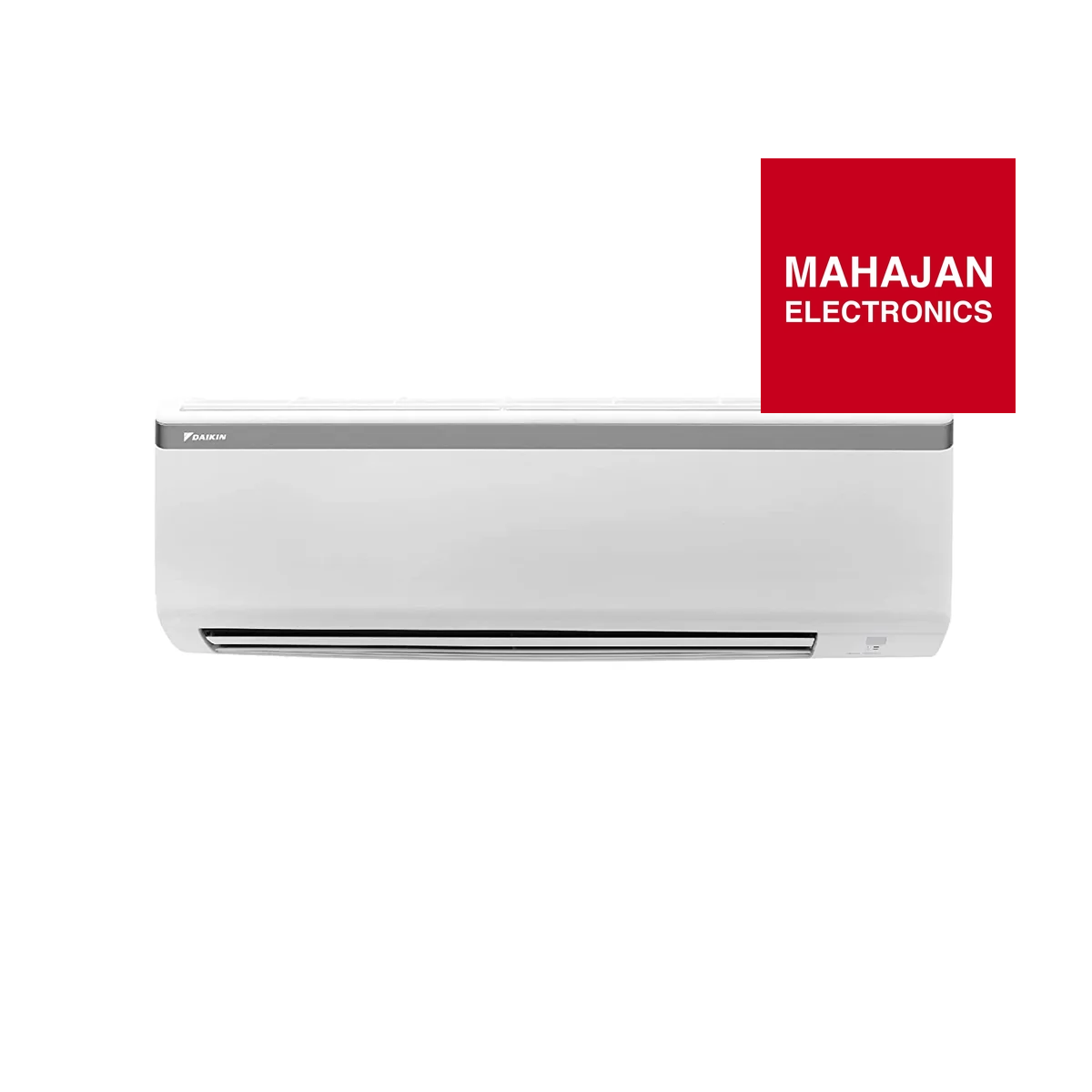 White air conditioner with Mahajan Electronics logo on a white background