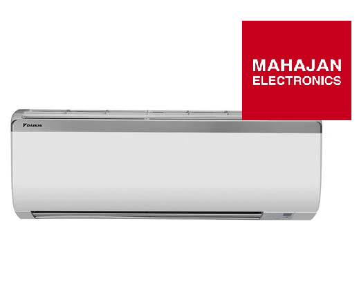White air conditioner with Mahajan Electronics logo on a white background