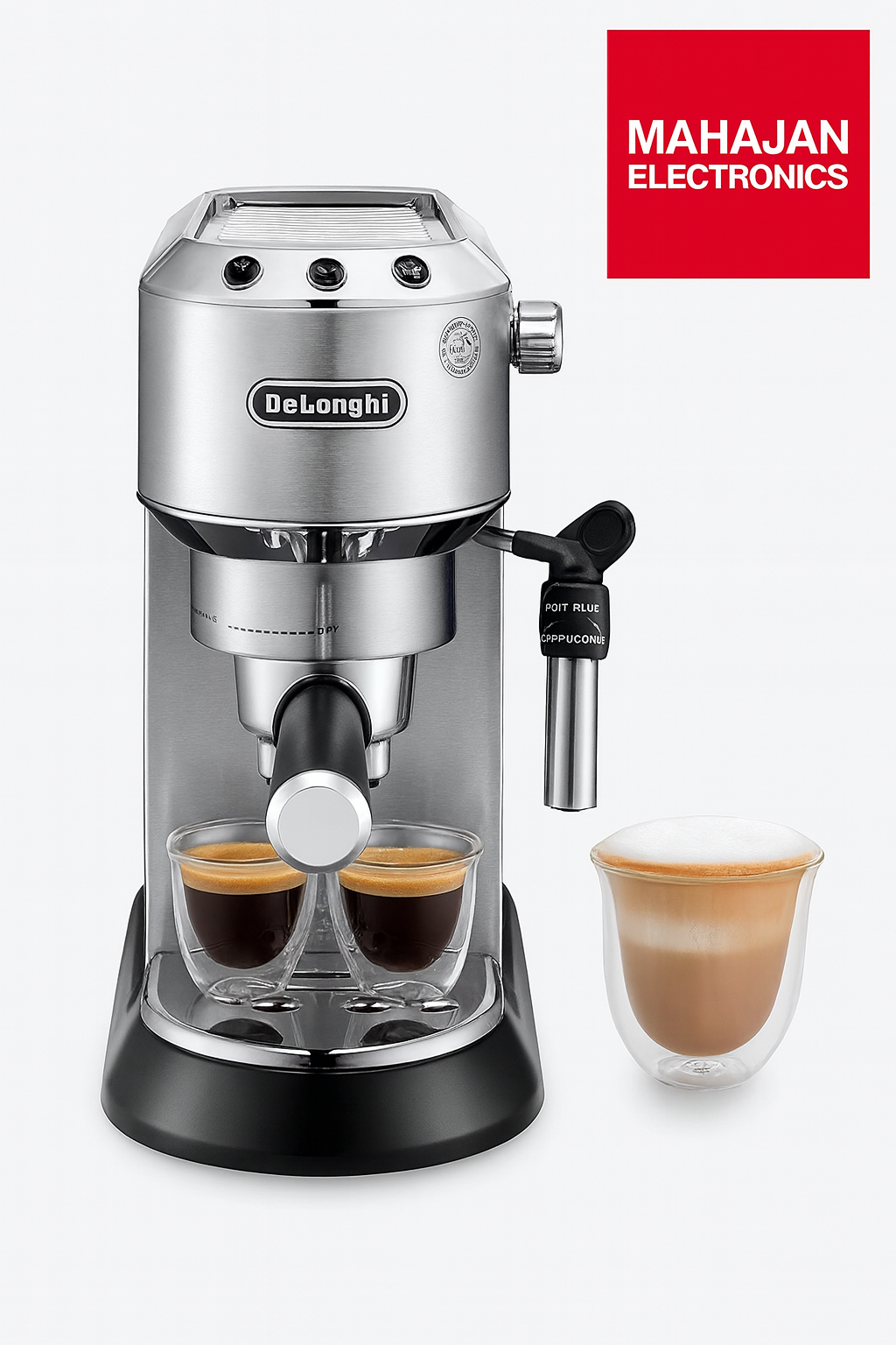 De'Longhi espresso machine with two cups of coffee and a glass of cappuccino on a white background, featuring the Mahajan Electronics logo.