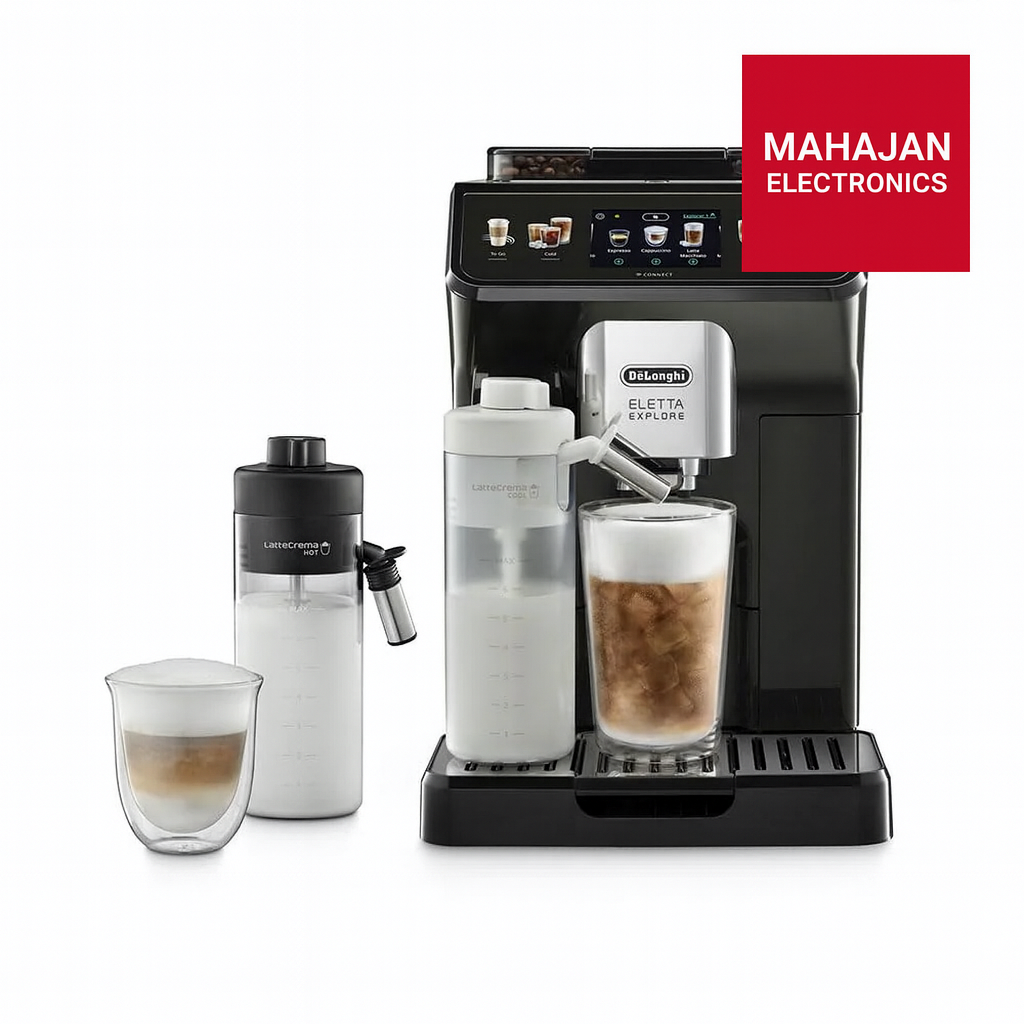 De'Longhi coffee machine with glasses of coffee and a milk frother on a white background, featuring Mahajan Electronics logo.