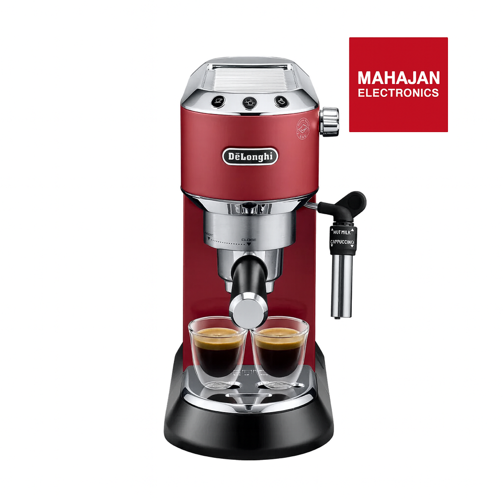 DeLonghi 15 Bar Pump Espresso Coffee Machine (1350W, Thermoblock, Milk Frother, Compact Design, Red) – Barista-Style Coffee at Home