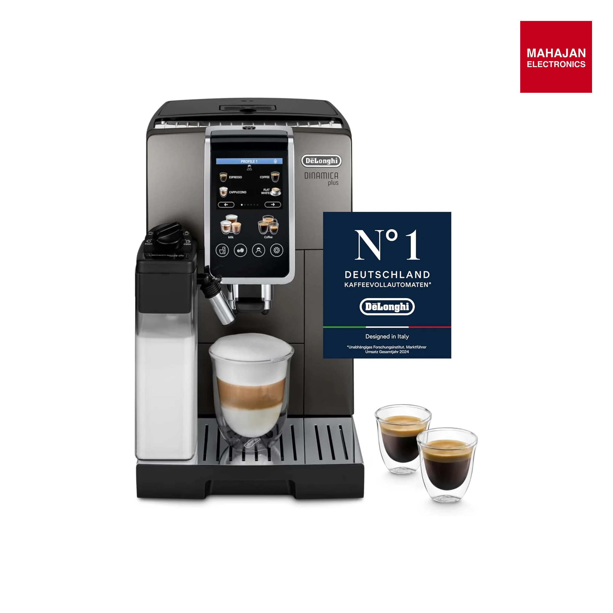DeLonghi ECAM380.95.TB Dinamica Plus Fully Automatic Coffee Machine, Original Italian Brand, 24+ Hot & Cold Coffee Options, Patented LatteCrema Technology, Direct Bean to Cup, 15 Bar Pressure Mahajan Electronics Online