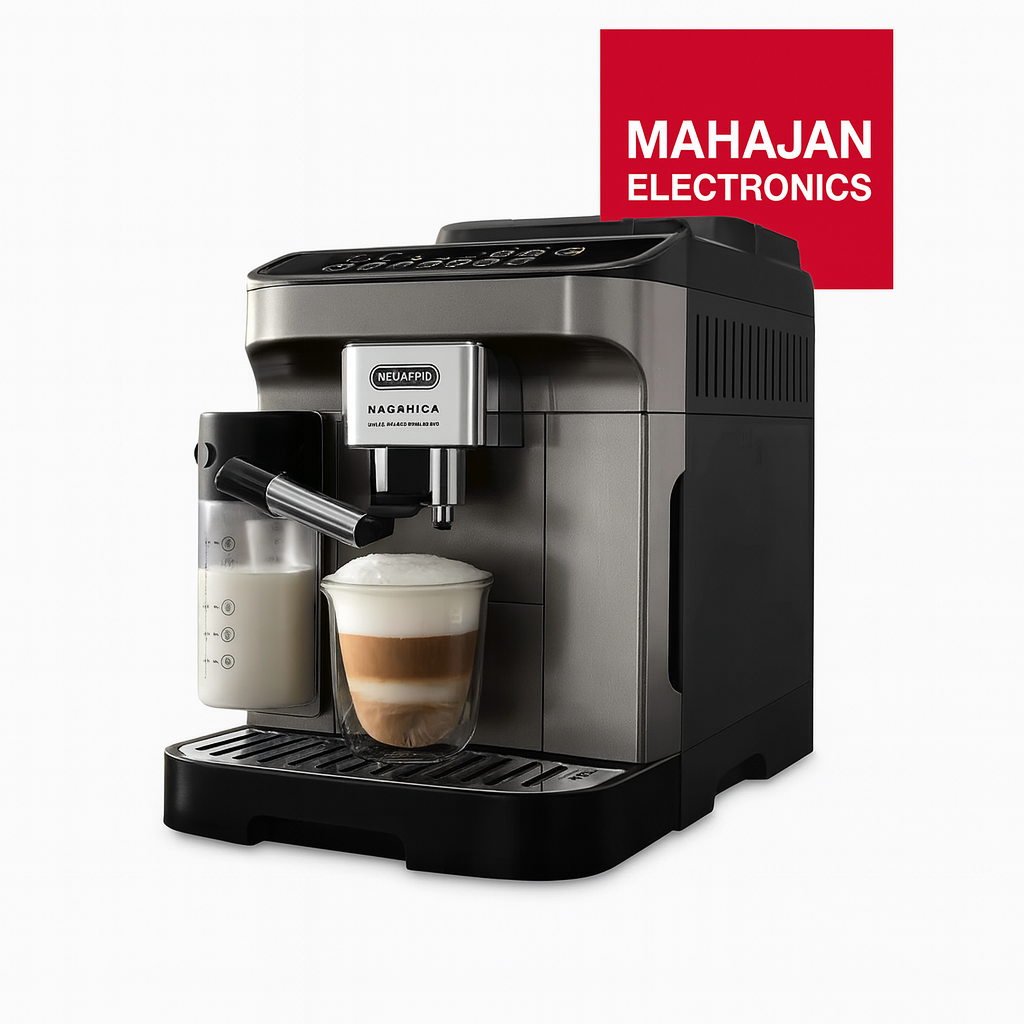 Espresso machine with a cup of coffee and milk, branded with Mahajan Electronics.