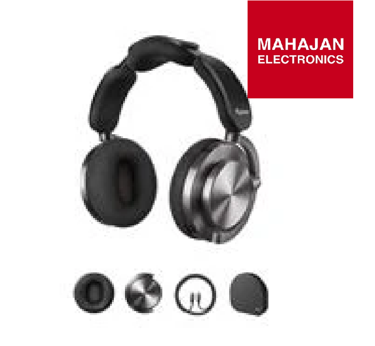 Headphones with detachable ear cushions and Mahajan Electronics logo on a white background