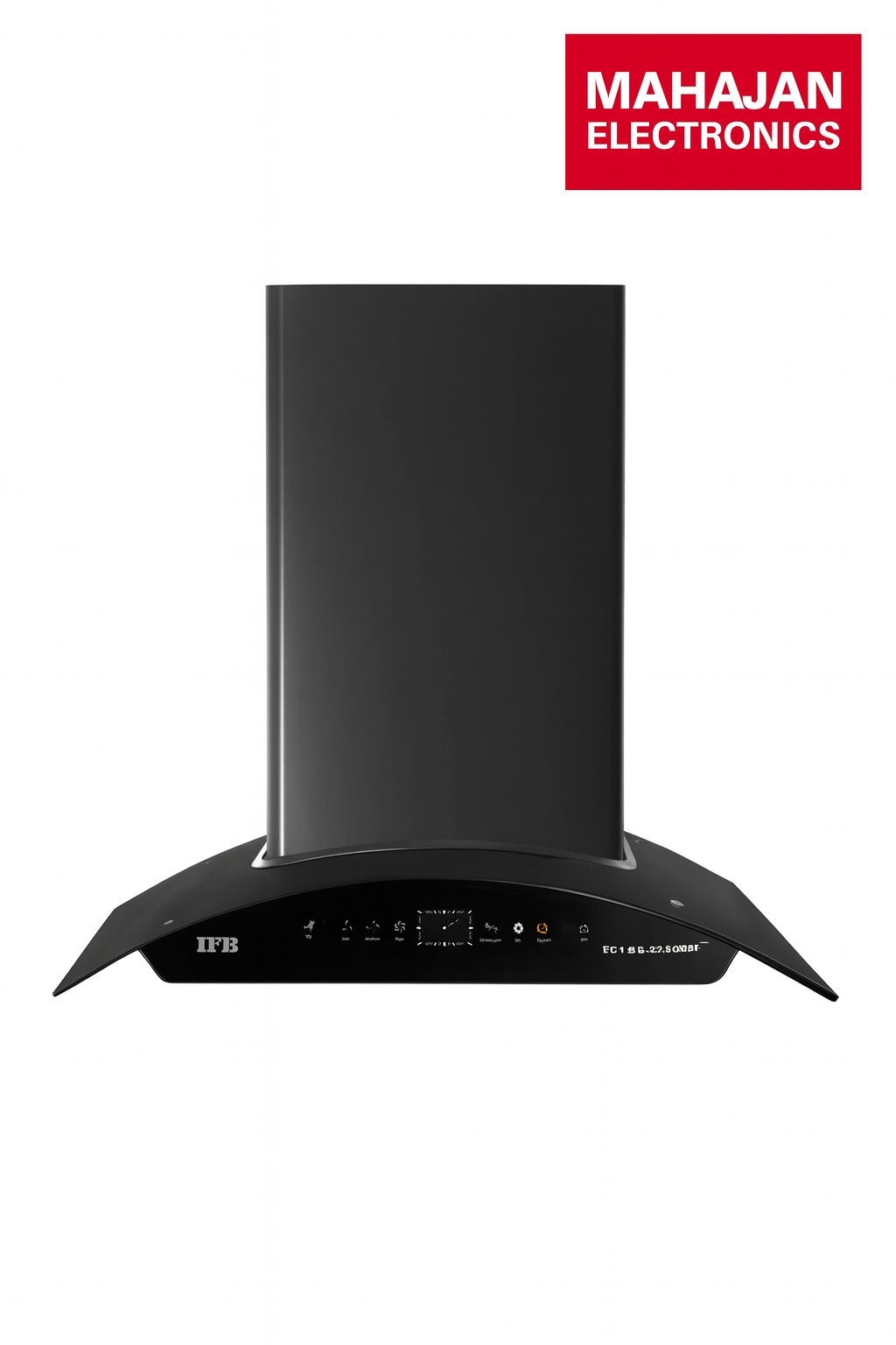 Black kitchen hood with IFB logo on a white background, featuring Mahajan Electronics branding.