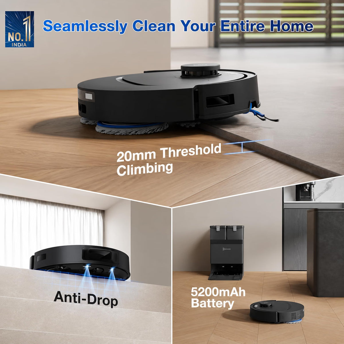 ECOVACS DEEBOT T30e OMNI 2-in-1 Robot Vacuum Cleaner & Mop | 25,000 Pa Suction | Self-Empty & Self-Wash Omni Station | ZeroTangle 3.0 | 9mm Auto Mop Lift | 300+ Min Runtime | Black-Online Mahajan Electronics