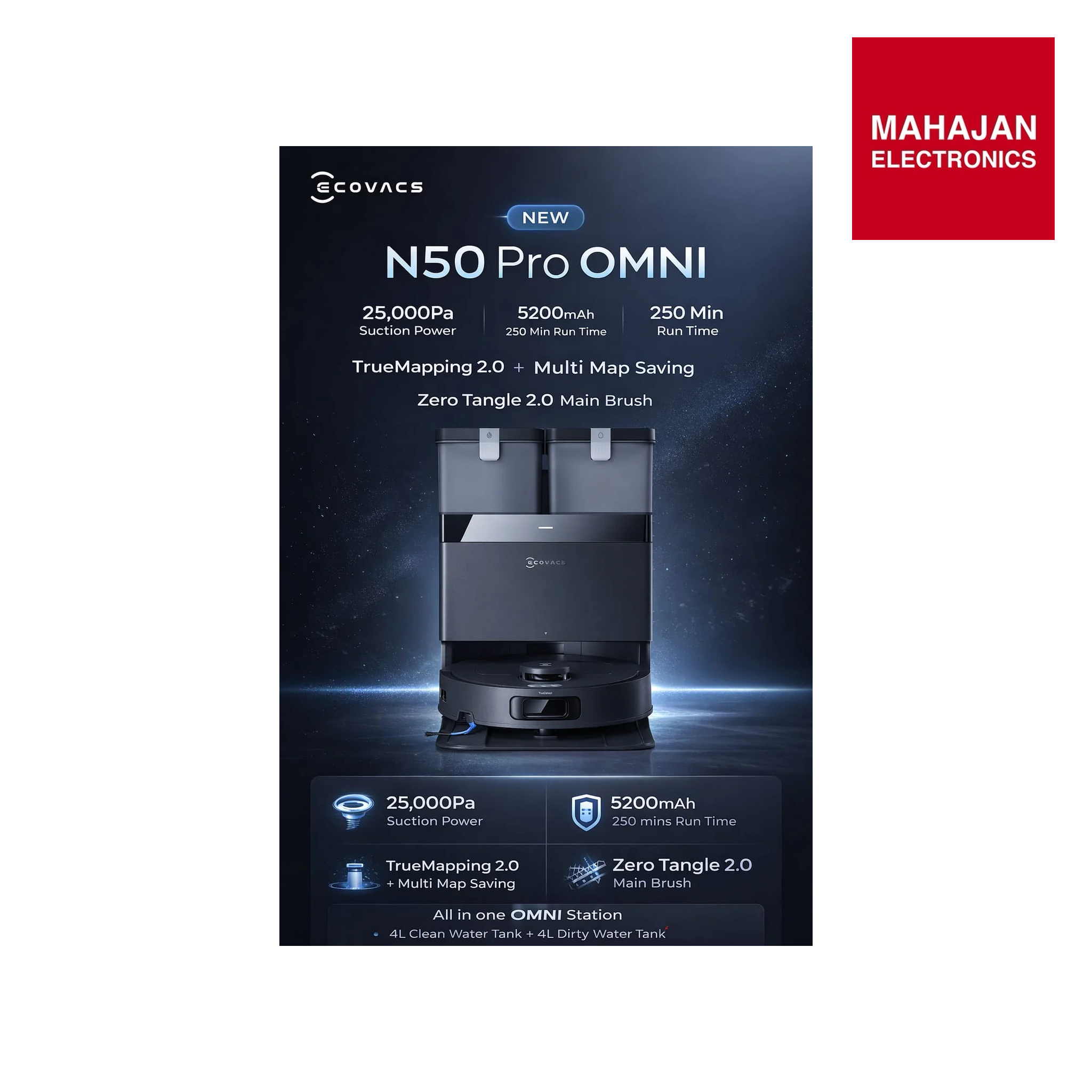 ECOVACS N50 Pro Mini Robot Vacuum and Mop, PowerBoost Charging, Self-Washing Mop, 25000Pa Suction Mahajan Electronics Online