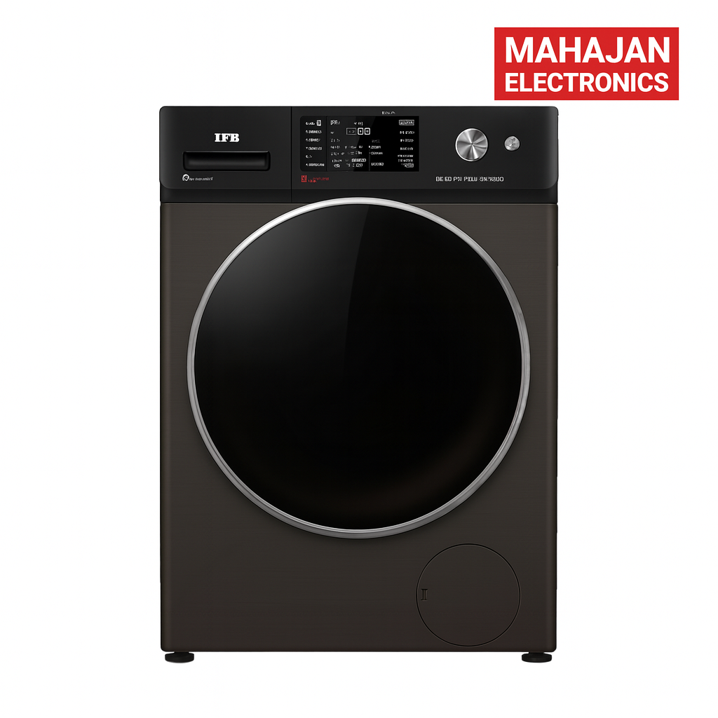 Black washing machine with Mahajan Electronics logo on a white background