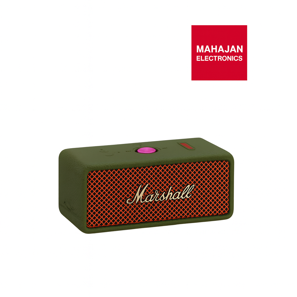 Green Marshall speaker with orange mesh design on a white background, featuring Mahajan Electronics logo.