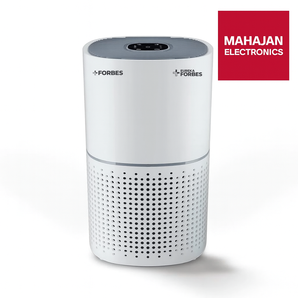 White Forbes air purifier on a white background with Mahajan Electronics logo.