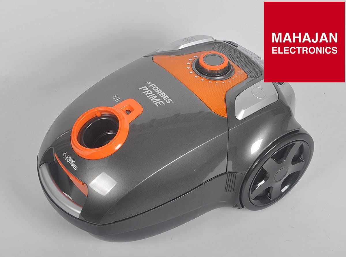 Gray and orange vacuum cleaner with 'Mahajan Electronics' logo on a gray background