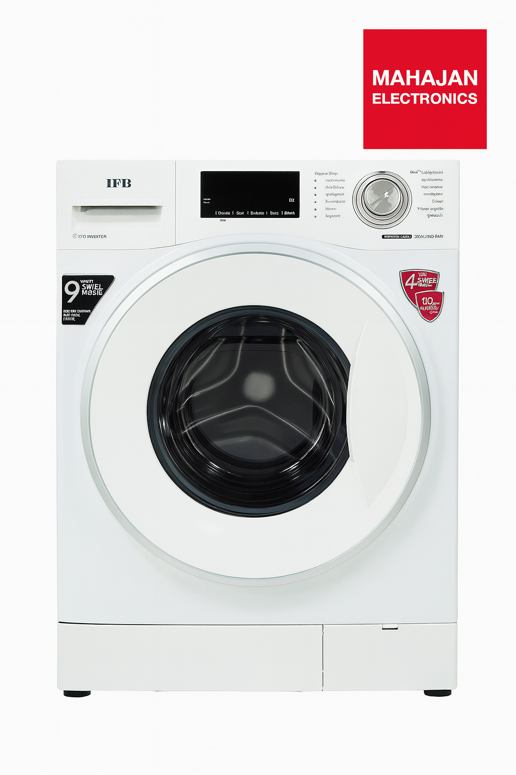 White washing machine with Mahajan Electronics logo on a white background