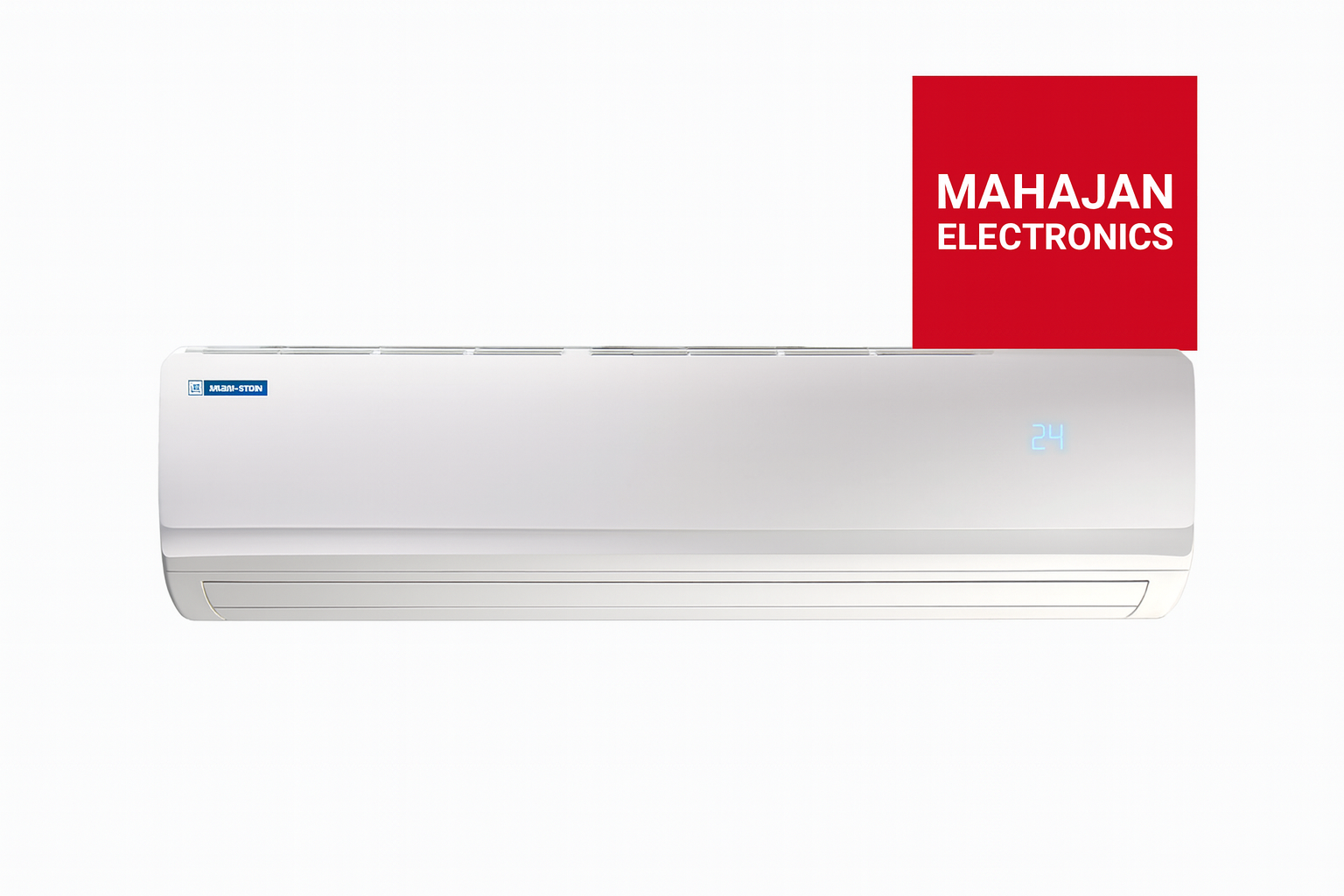 White air conditioner with Mahajan Electronics logo on a white background