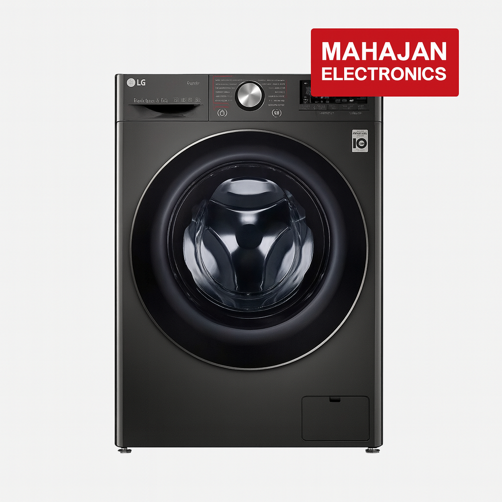 Black LG washing machine with Mahajan Electronics logo on a white background