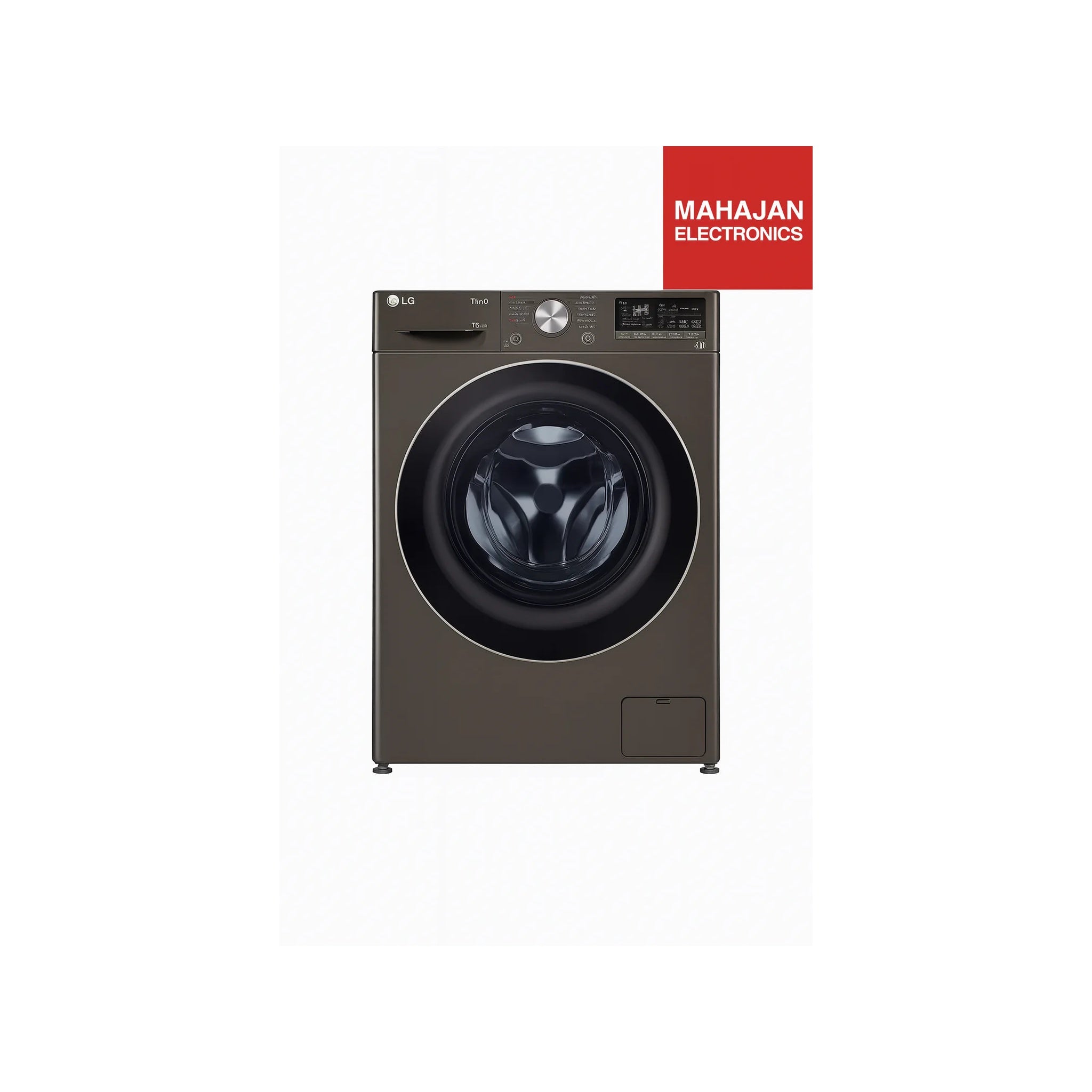 Front-loading washing machine with Mahajan Electronics logo on a white background