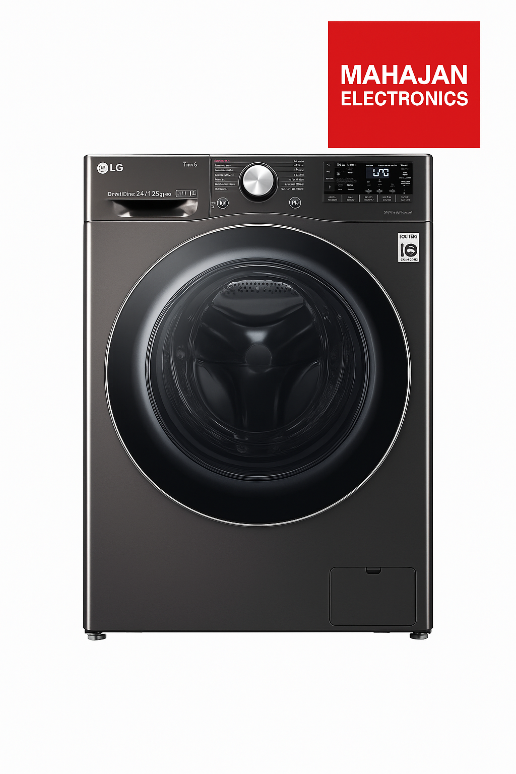 Black LG washing machine with Mahajan Electronics logo on a white background