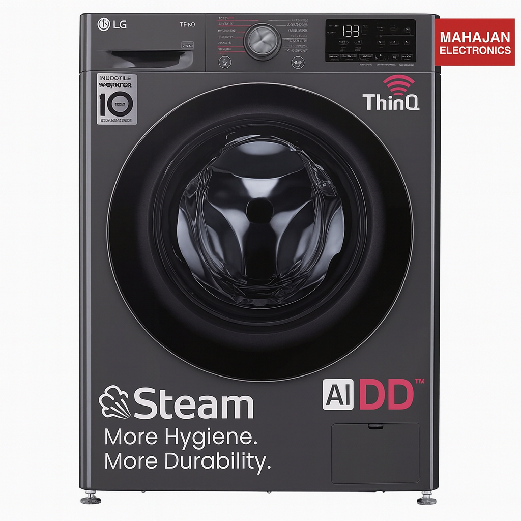 LG washing machine with Steam and AI DD features on a white background