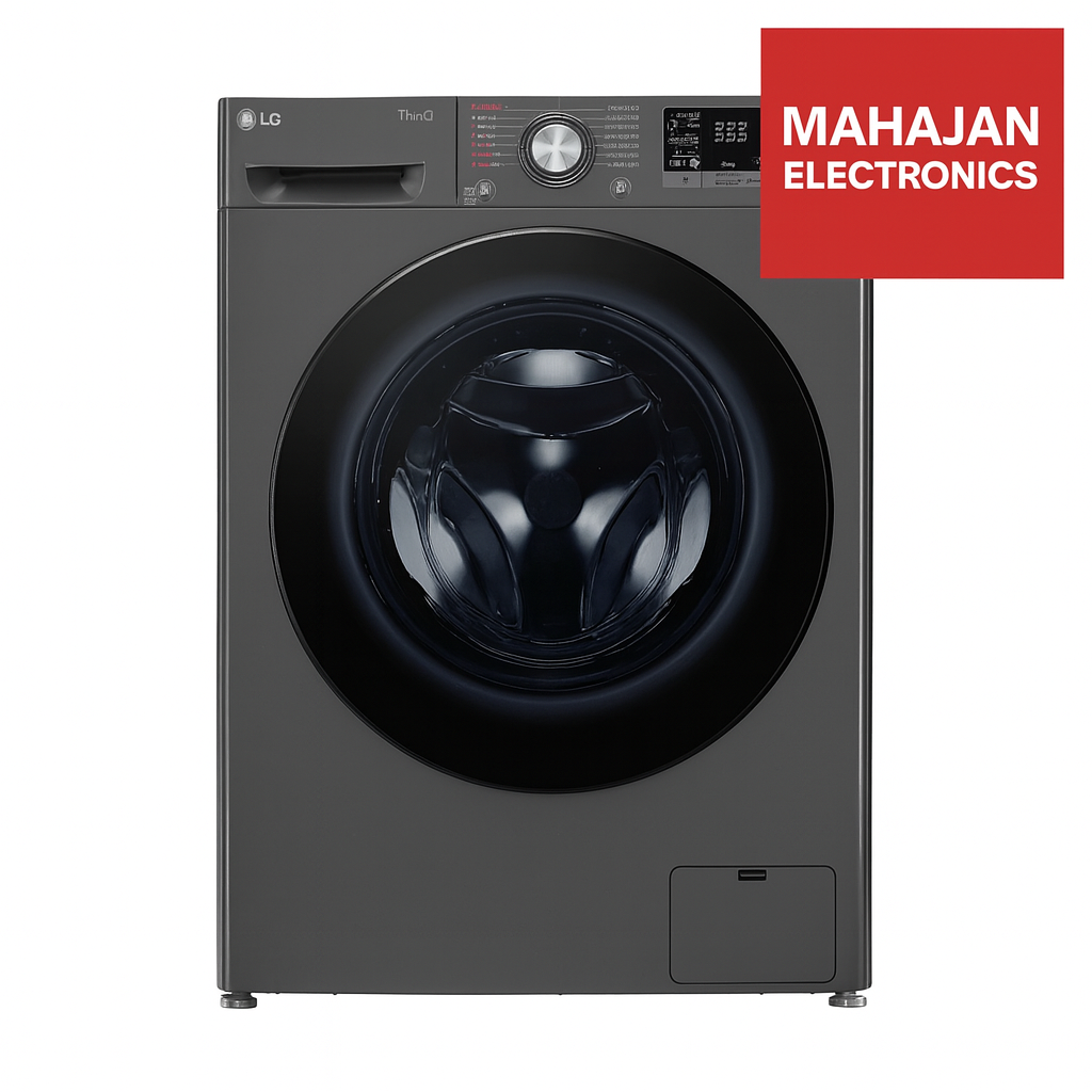 Black LG washing machine with Mahajan Electronics logo on a white background