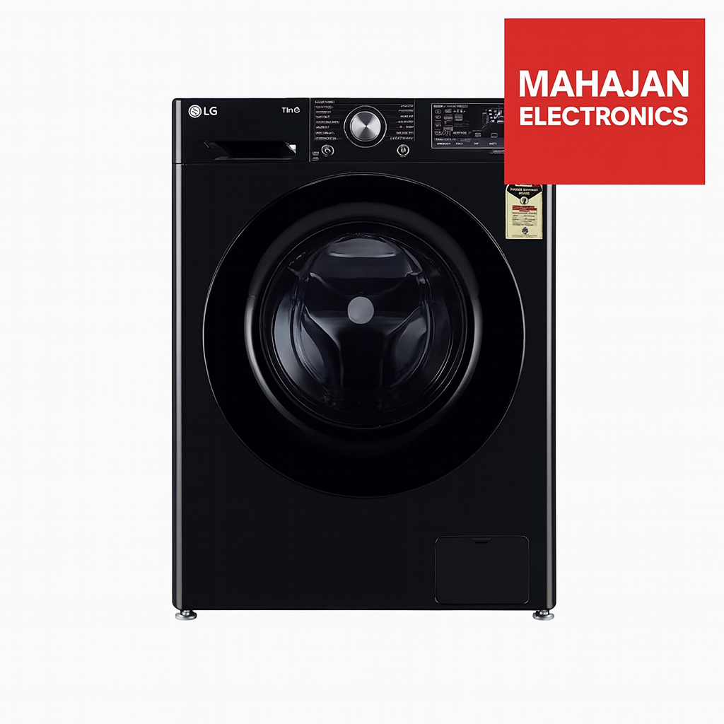 Black LG washing machine with Mahajan Electronics logo on a white background
