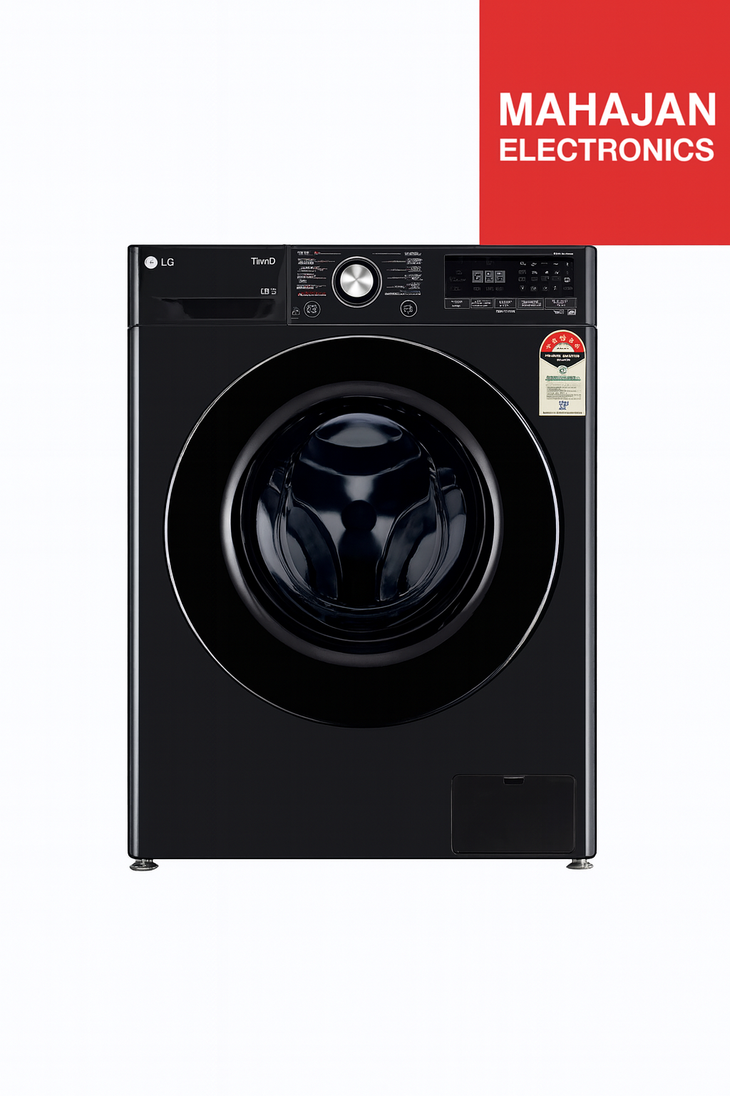 Black LG washing machine with Mahajan Electronics logo on a white background