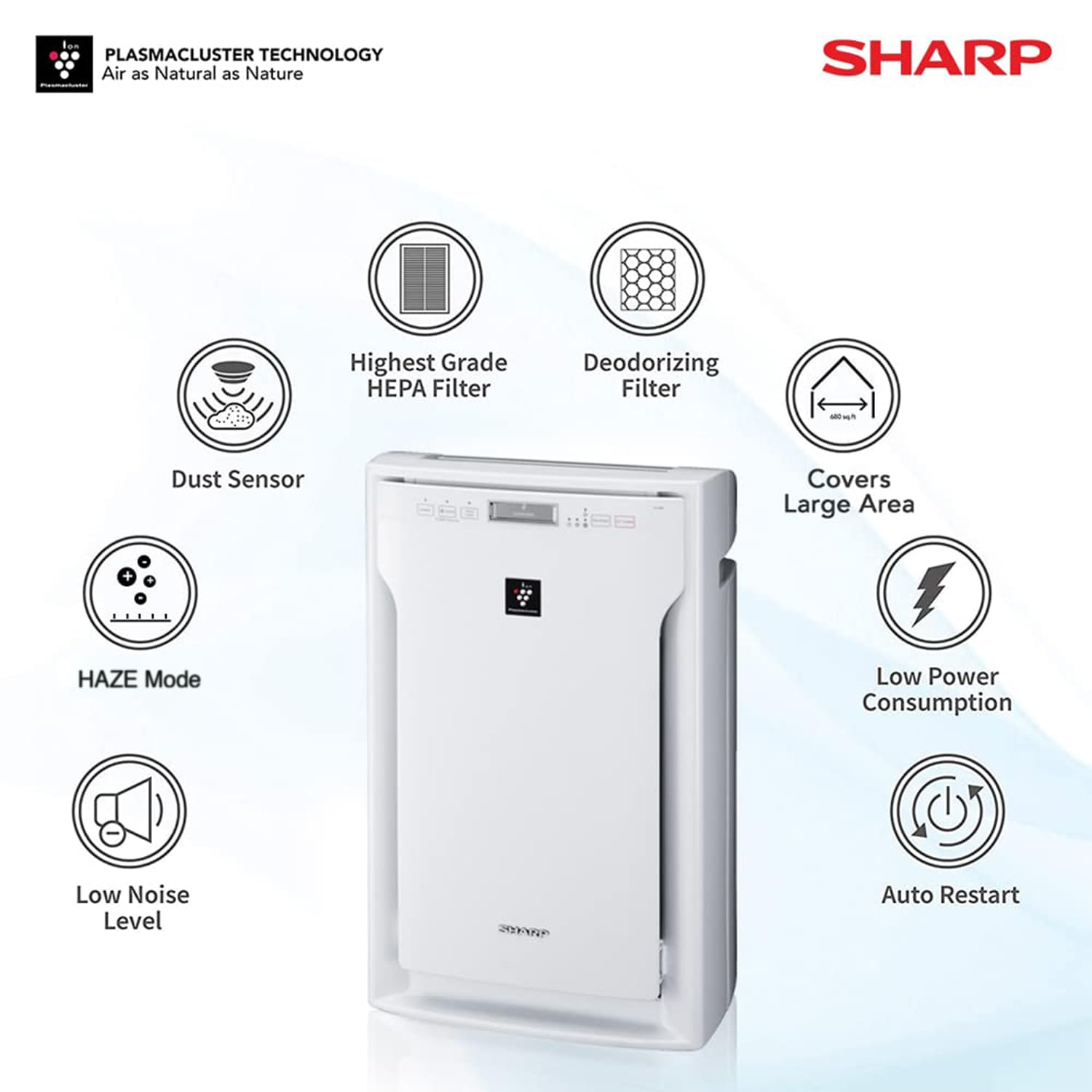 SHARP Air Purifier I Multi-Stage Purification with HEPA+Carbon+Pre-filter & Plasmacluster (Remove Mold, Bacteria, Virus, VOCs) FP-A80M-W| Traps 99.97% Impurities I Cover: 680 ft² (White) - Mahajan Electronics Online