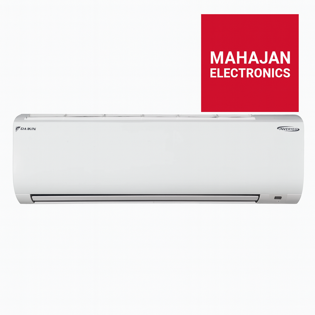 White air conditioner with Mahajan Electronics logo on a white background