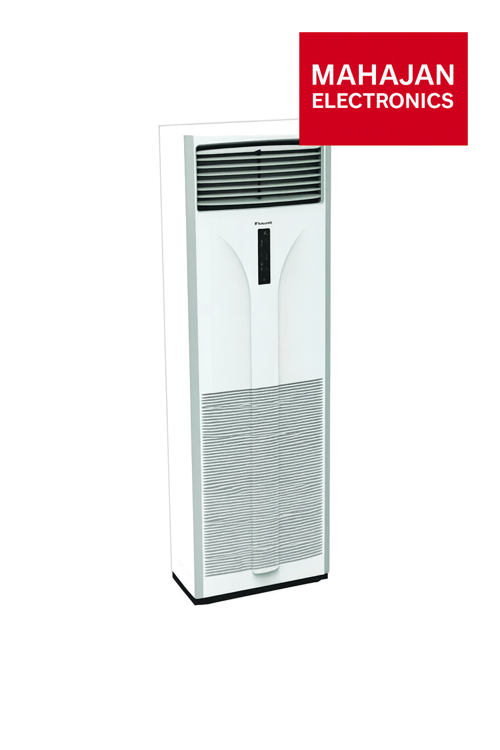 Tall white air conditioner with Mahajan Electronics logo on a white background