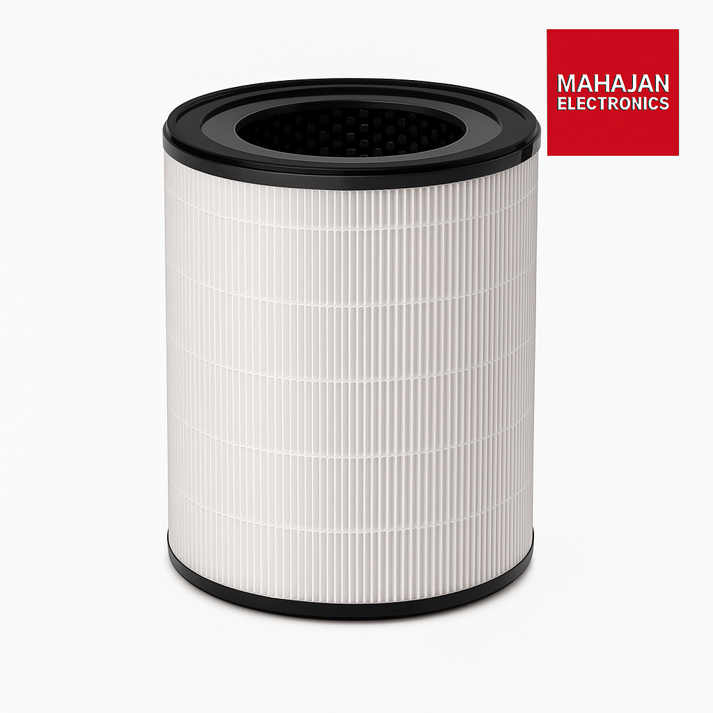 Cylindrical air filter with black top and white body on a white background, featuring the Mahajan Electronics logo.