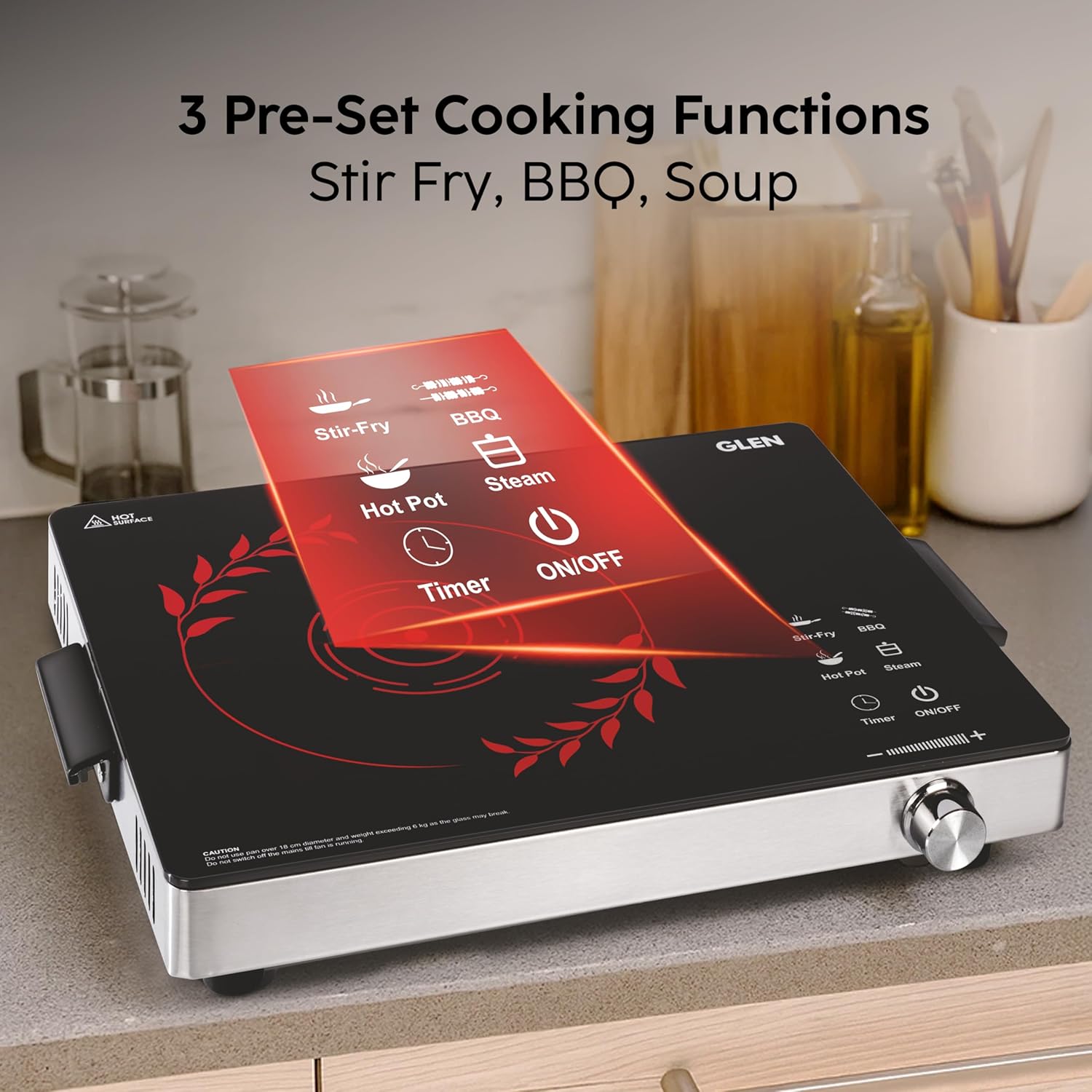 Glen SA-3077IR 2200W Infrared Cooktop Stove with Grill Rack for Barbecue, Touch Control, Crystal Glass Plate, Digital Display, 4 Modes, Timer, Surge Protection, for Induction & Flat Bottom Utensils-Online Mahajan Electronics