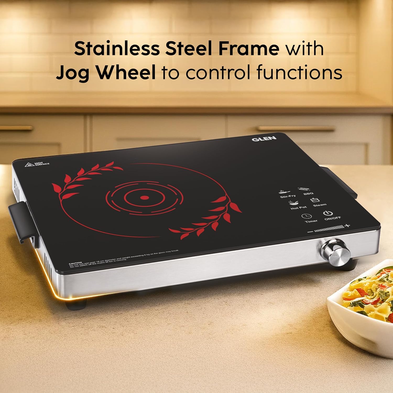 Glen SA-3077IR 2200W Infrared Cooktop Stove with Grill Rack for Barbecue, Touch Control, Crystal Glass Plate, Digital Display, 4 Modes, Timer, Surge Protection, for Induction & Flat Bottom Utensils-Online Mahajan Electronics