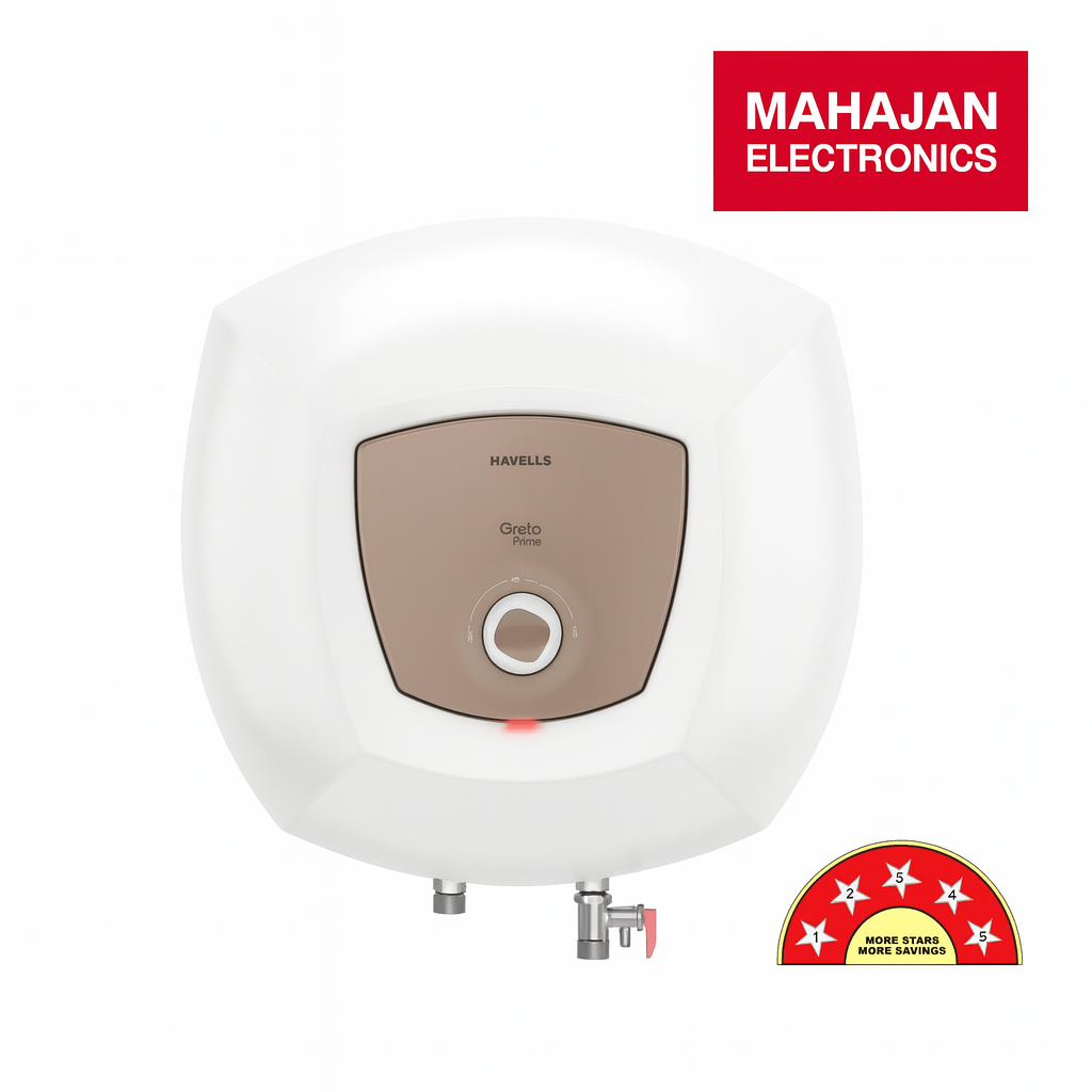 White water heater with brown top section on a white background, featuring the Mahajan Electronics brand.