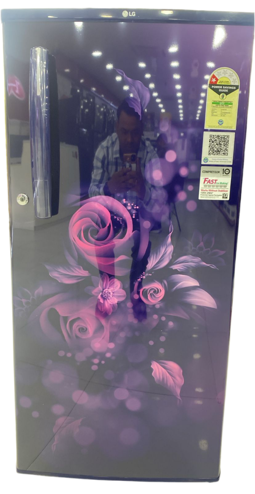 The image shows a single-door LG refrigerator with a floral design in a tinted aqua clear color.