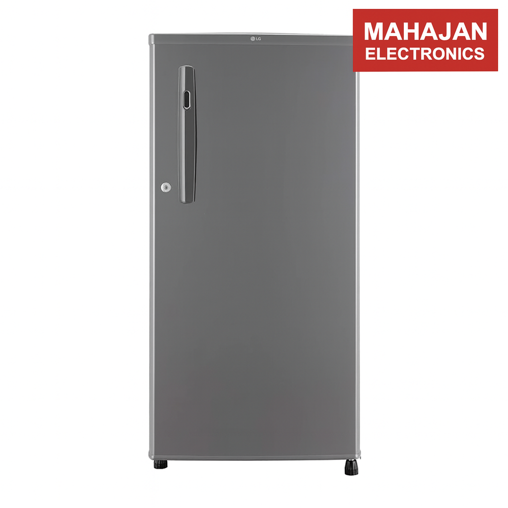Gray refrigerator with Mahajan Electronics logo on a white background