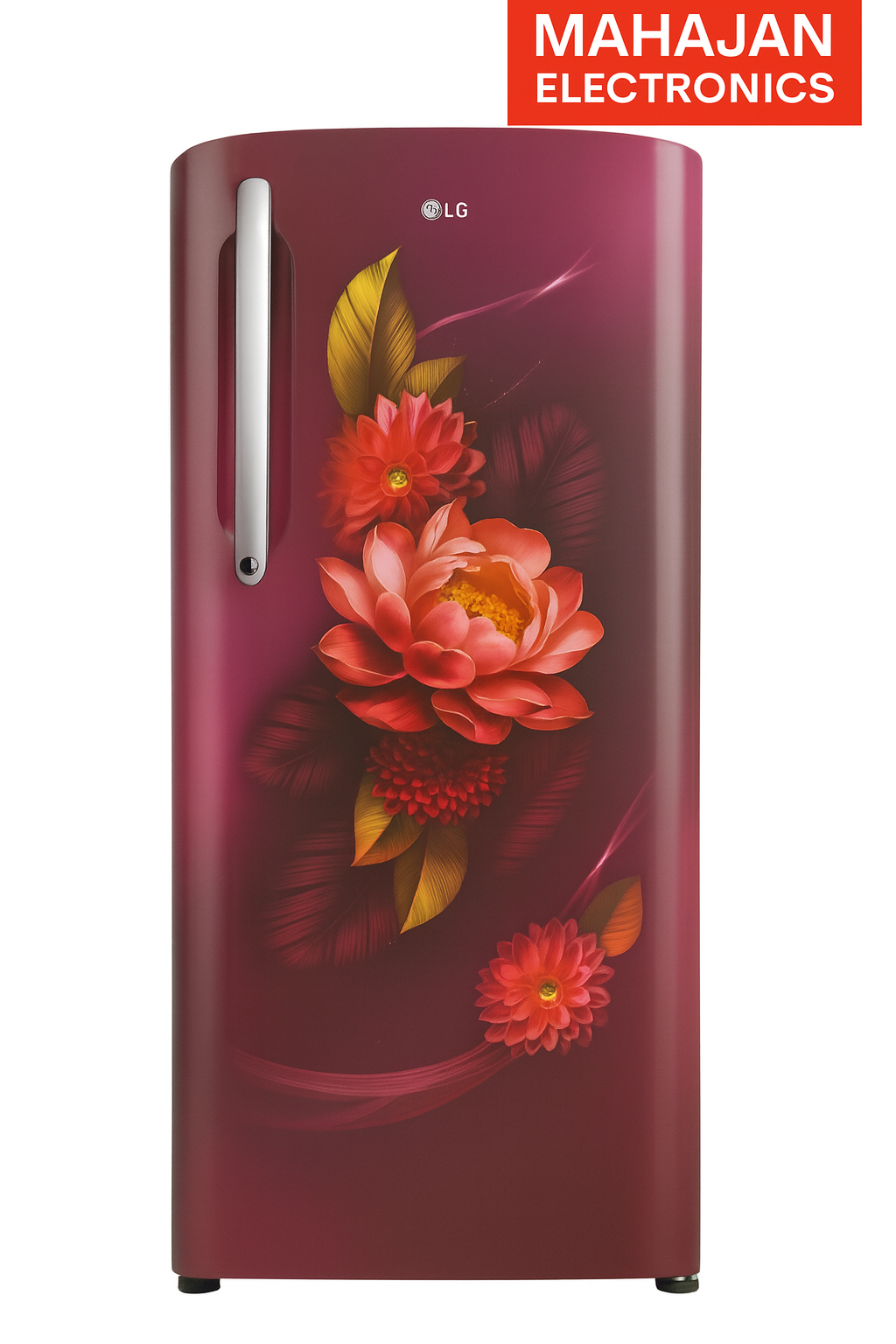 Red refrigerator with floral design on a white background, featuring LG logo and Mahajan Electronics branding.