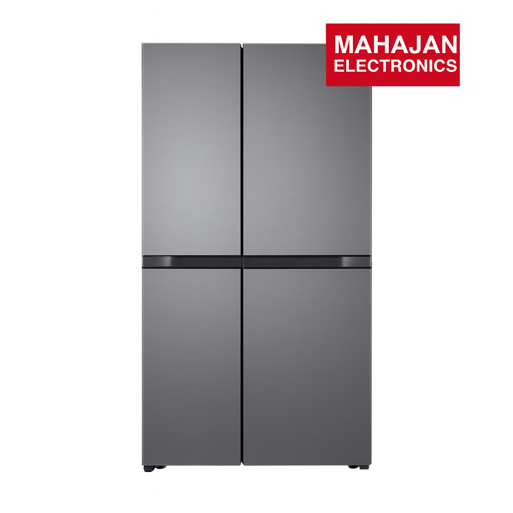Gray refrigerator with Mahajan Electronics logo on a white background