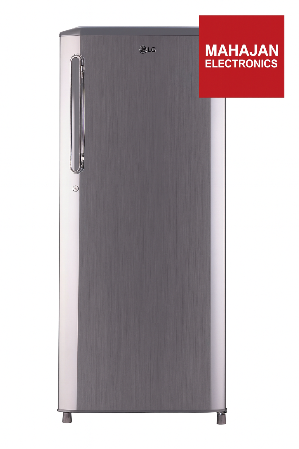 Gray refrigerator with LG logo on a white background, featuring Mahajan Electronics branding.