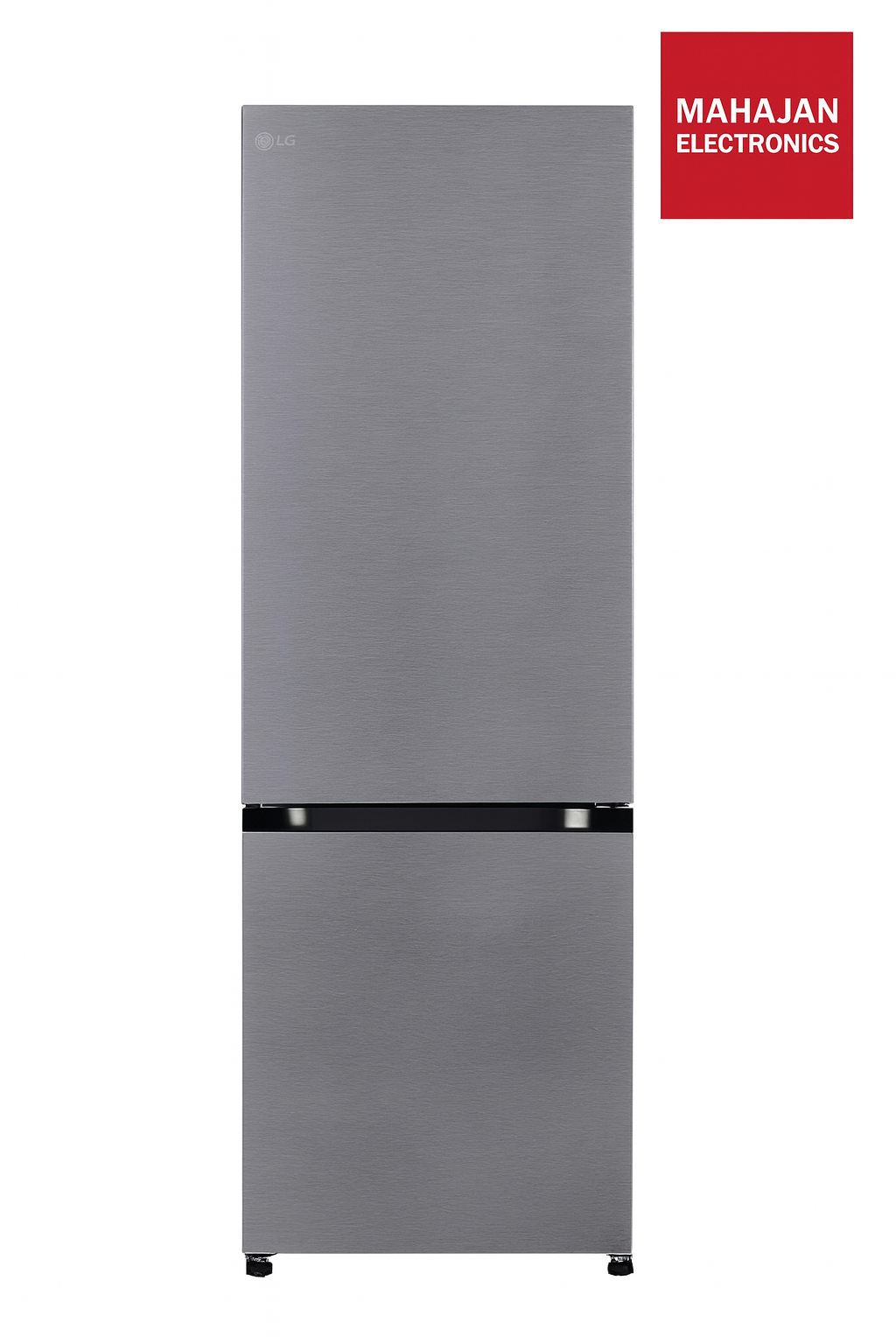 Gray refrigerator with Mahajan Electronics logo on a white background